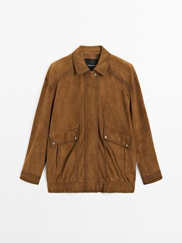 Veste bomber avec poches en cuir finition daim - Marron de Zara