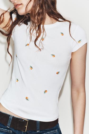 T-SHIRT CÔTELÉ MANCHES COURTES BRODÉ - Blanc de Zara - Image 1