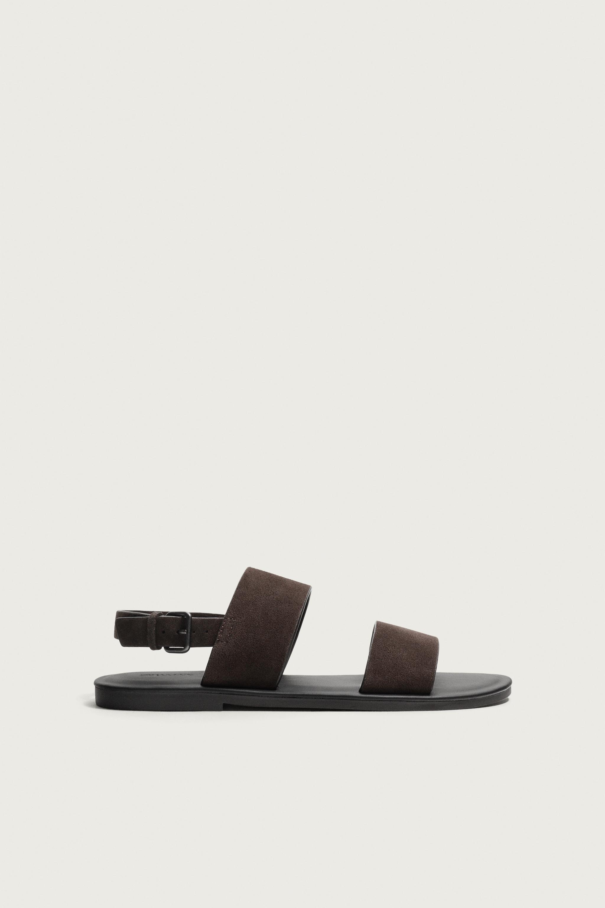 LEATHER STRAP SANDALS — Brown