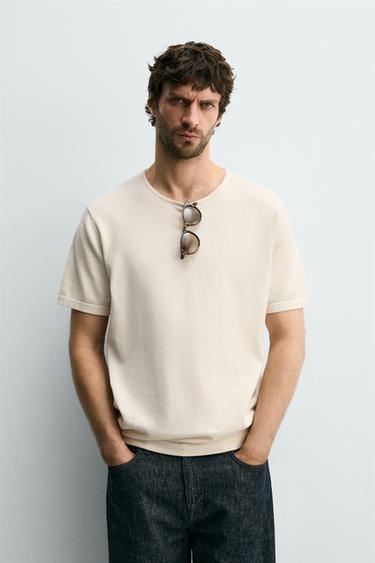 Zara REGULAR FIT KNIT T-SHIRT - Ecru