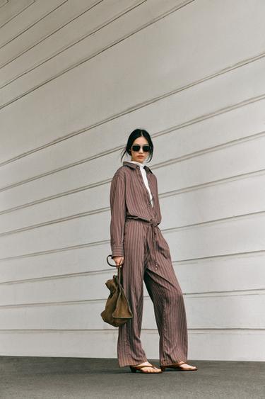 STRIPED FLOWY SHIRT — Brown / Ecru 2