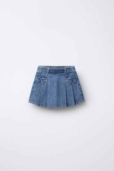 DENIM SKIRT WITH PLEATS AND BOWS - Mid-blue by Zara