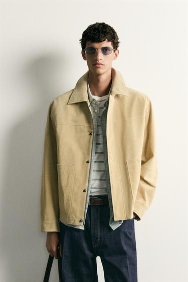 Zara SUEDE LEATHER POCKET JACKET - Light khaki