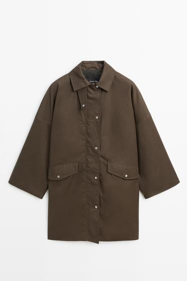 Zara Waxed-effect plaid-lined jacket - olive green - Image 0