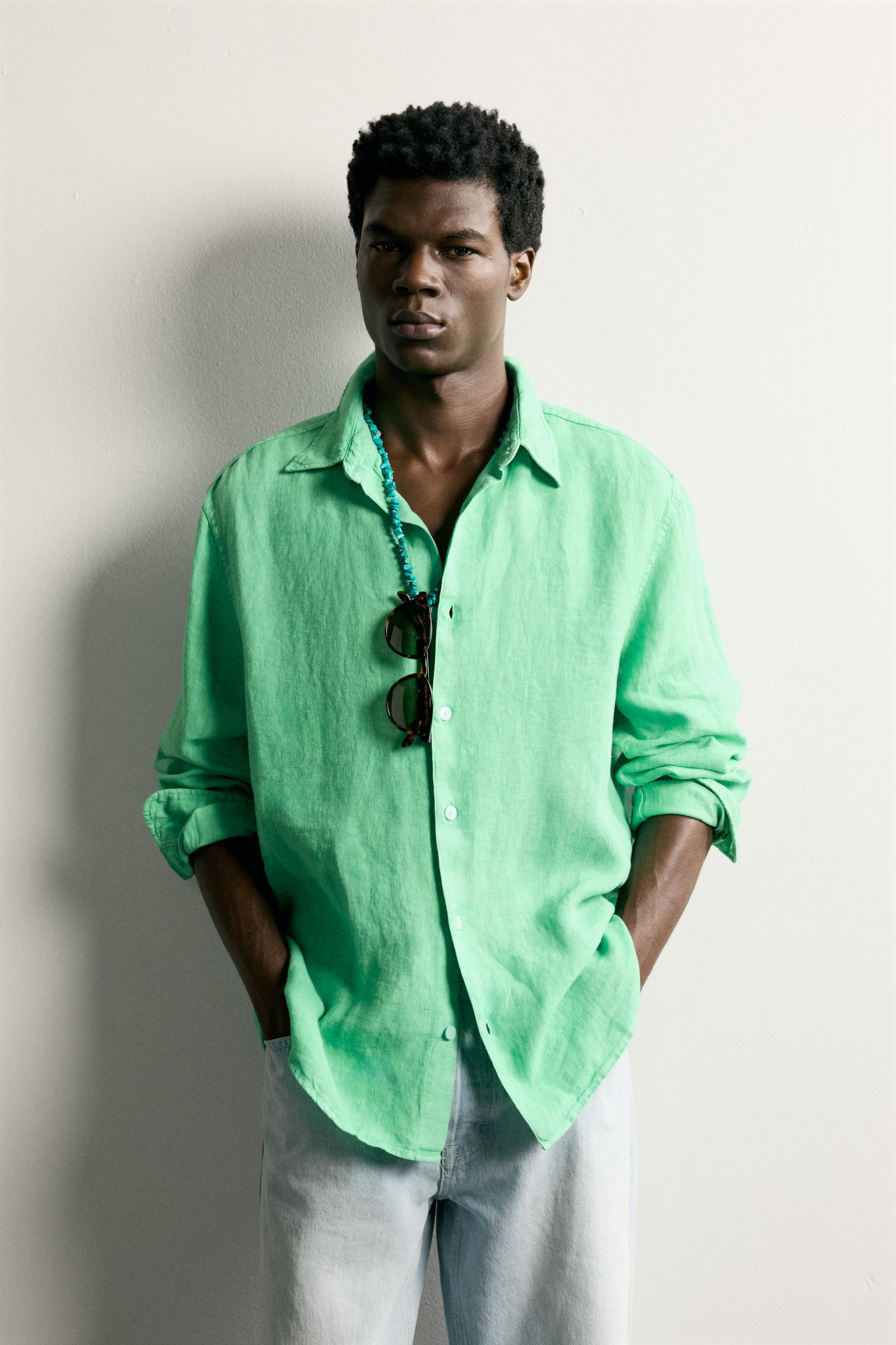 100% LINEN REGULAR FIT SHIRT — Neon green