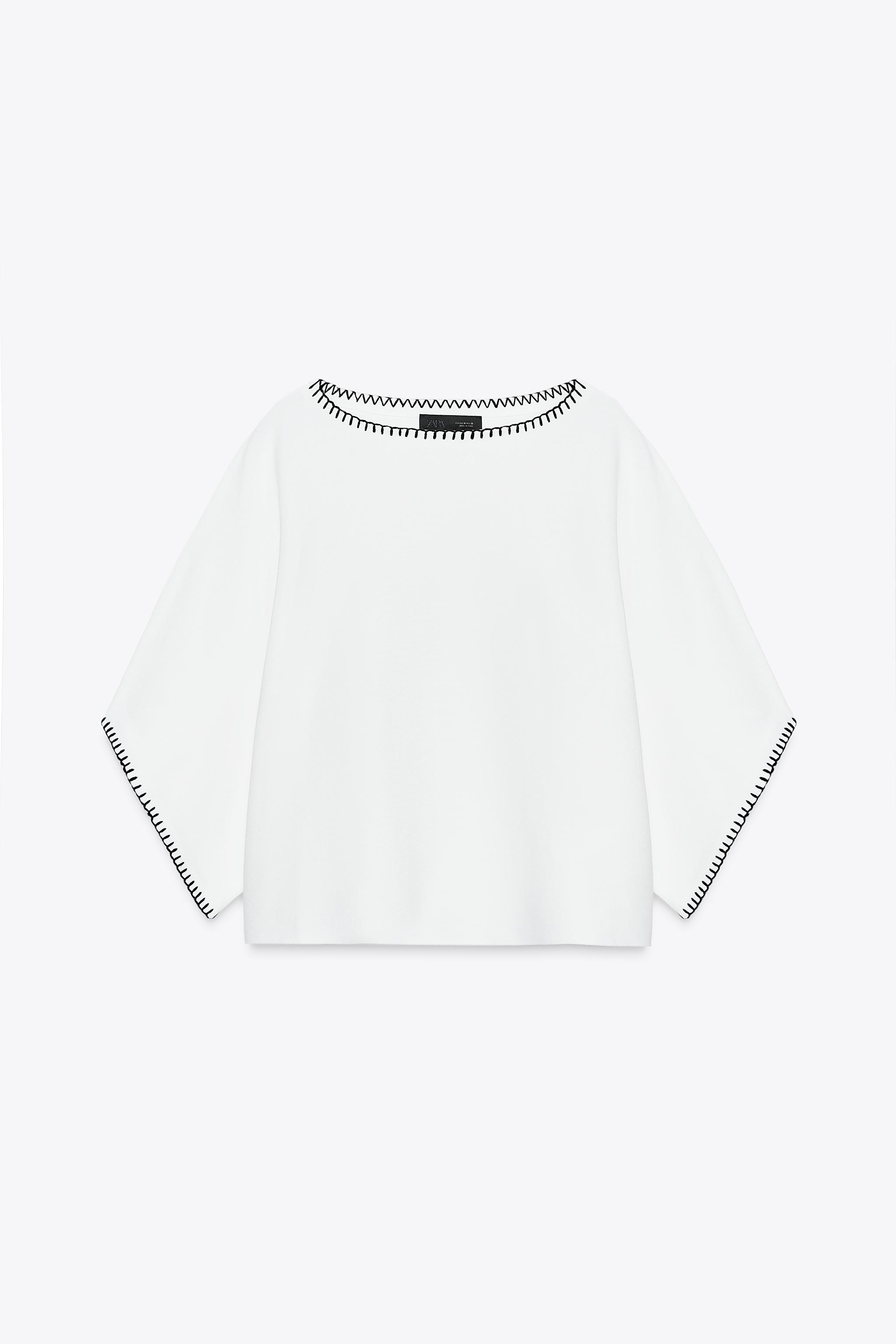 トップス　ホワイト コントラスト刺繍ニットトップス - ホワイト | ZARA Japan / 日本