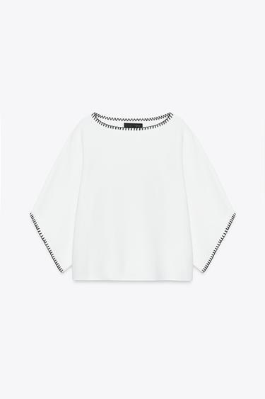 Zara CONTRASTING EMBROIDERED KNIT TOP - White