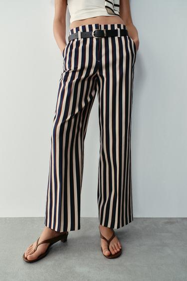 Zara STRIPED BELTED TROUSERS - striped