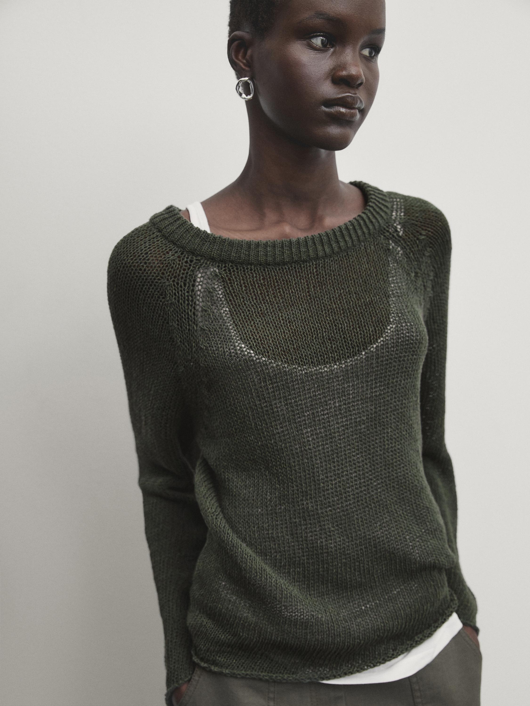 Cotton blend knit crew neck sweater - Dark green | ZARA United States