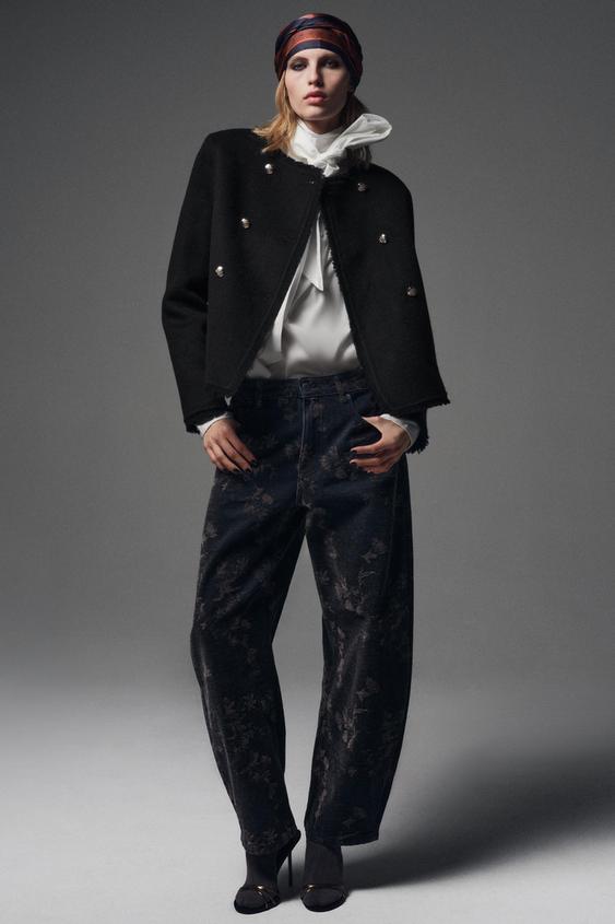 Zara ZW COLLECTION MID-RISE JACQUARD CUFFED BALLOON JEANS - Blue - Image 0