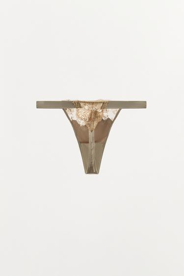 EMBROIDERED SATIN THONG - Mink by Zara - Image 4