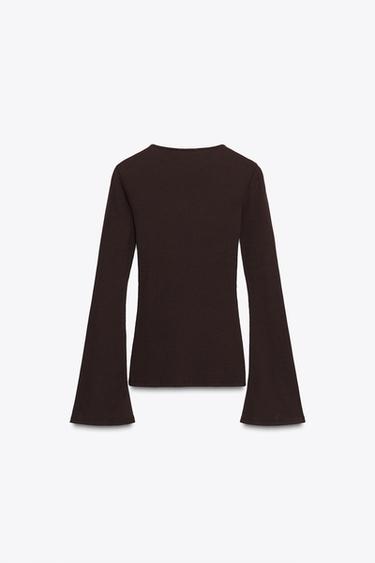 T-SHIRT CÔTELÉ À MANCHES ÉVASÉES - Chocolat de Zara - Image 6