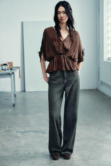 GATHERED SATIN BLOUSE - Brown by Zara