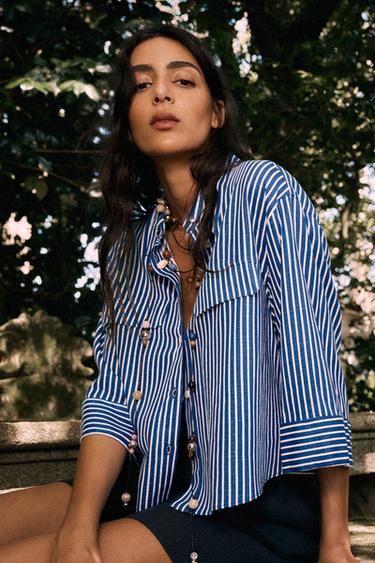 STRIPED LINEN BLEND SHIRT - Blue/White by Zara