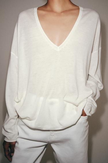 파인 니트 브이넥 스웨터 - Zara 화이트