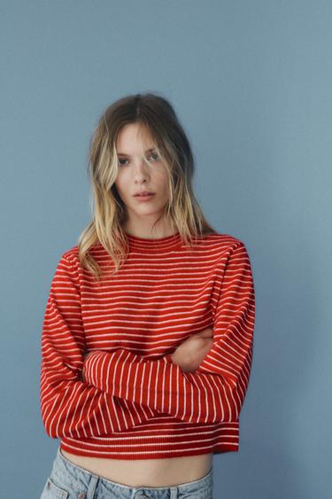 STRIPED KNIT CROPPED SWEATER - Red / White by Zara