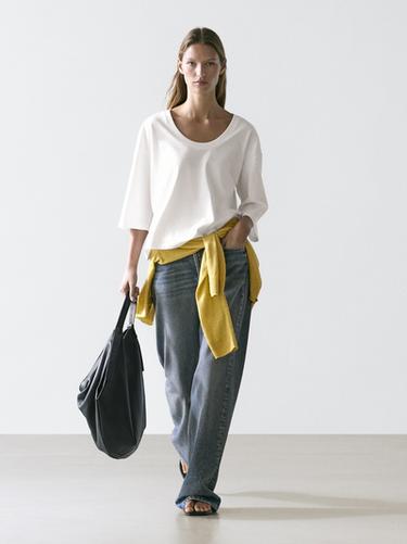 Zara 100% cotton scoop neck T-shirt - Oyster-white - Image 0