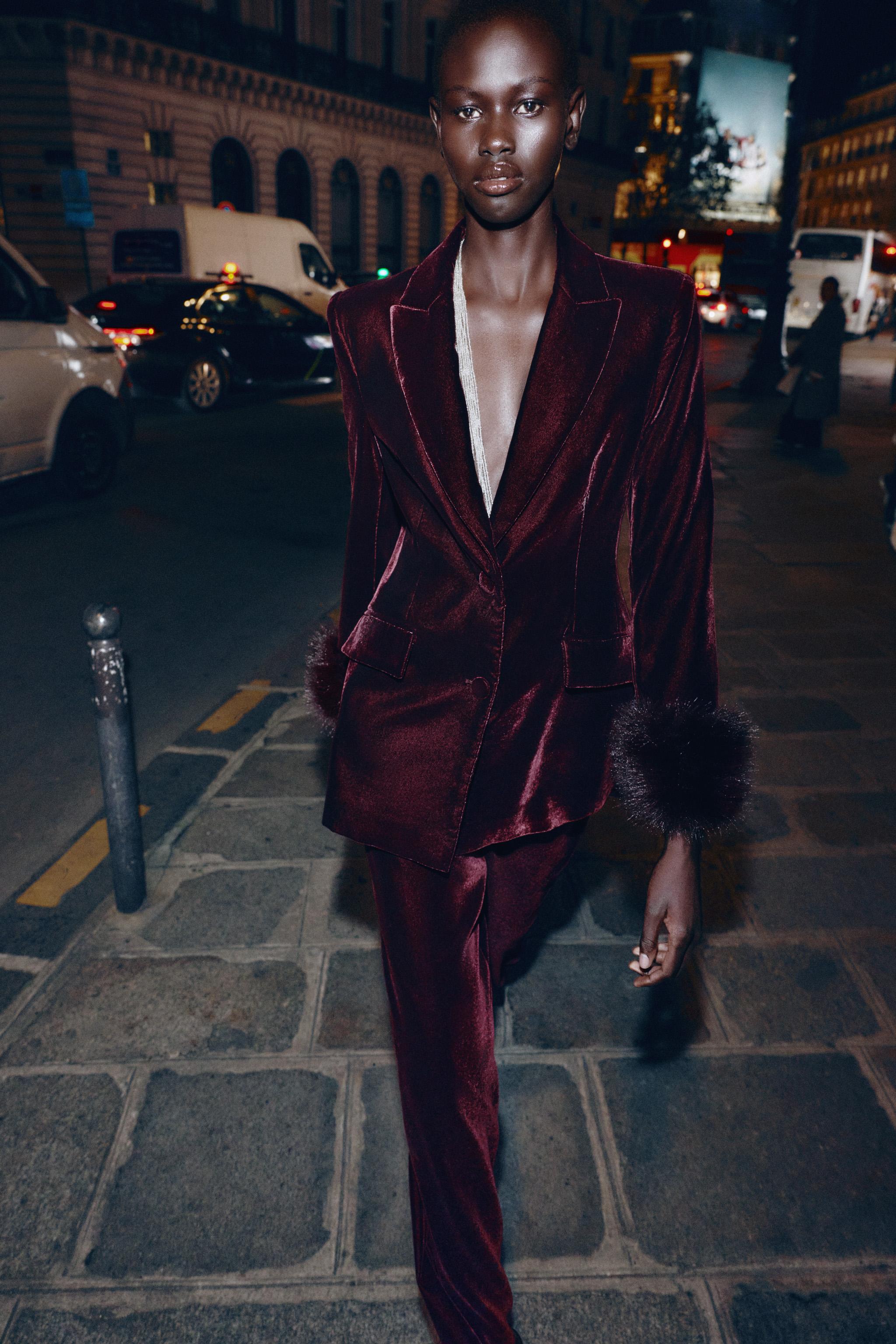 VELVET BLAZER WITH FAUX FUR CUFFS