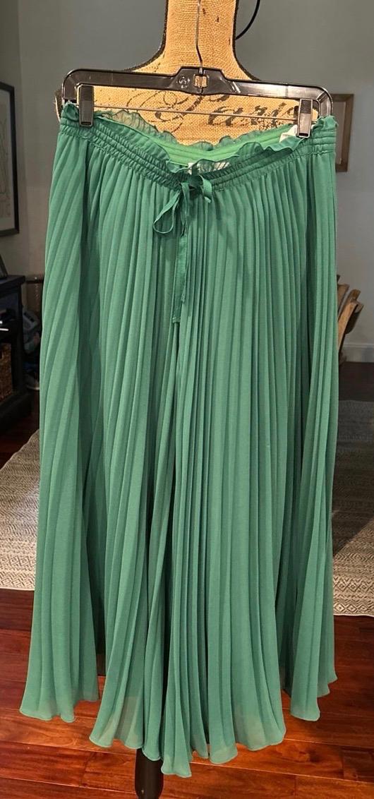 Long green pleated skirt with an elasticated waistband and tie, hanging from a hanger on a mannequin in a room with wooden flooring.
