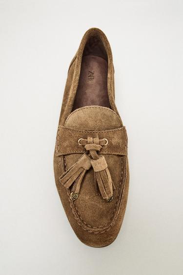 Zara MOKASINE OD BRUŠENE KOŽE SA KIĆANKAMA – Braon