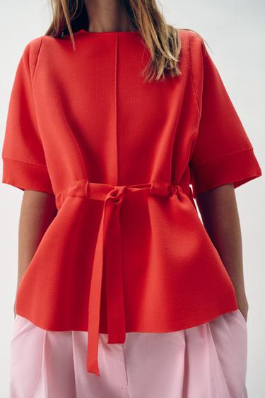 SHORT SLEEVE KNIT JUMPER WITH BOW - Coral red by Zara