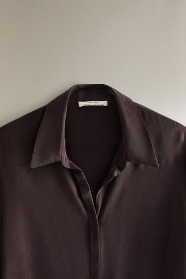 CHEMISE EN SOIE - Marron foncé de Zara - Image 1