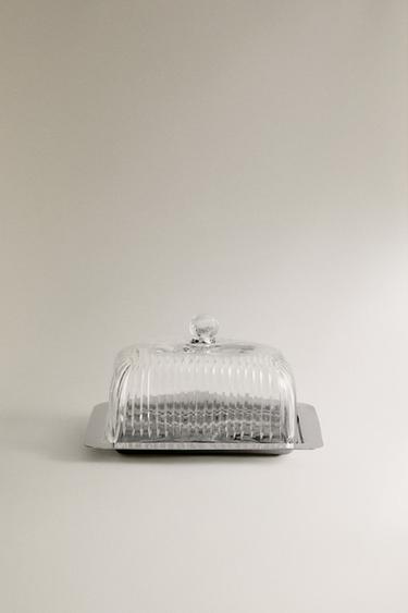 Zara GLASS BUTTER DISH WITH METAL BASE - Silver - Image 0