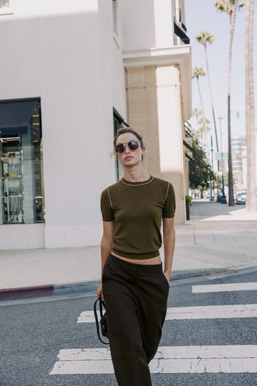 SHORT SLEEVE KNIT TOP WITH PIPED TRIMS - Khaki by Zara
