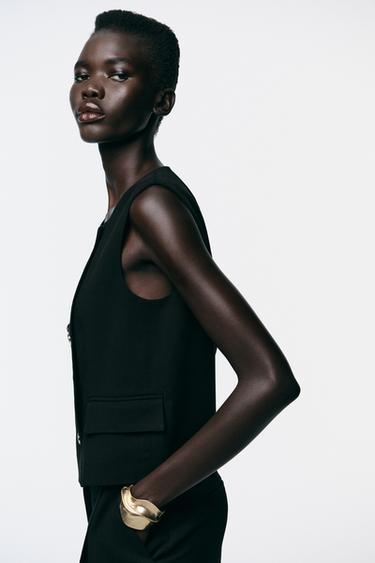 Zara 金色鈕扣交襟背心 - 黑色