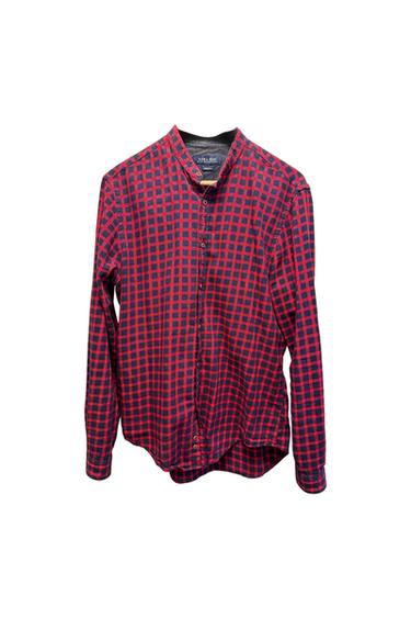 Red and dark blue plaid long-sleeve shirt with a mandarin collar on a white background. Visible text: ZARA MAN.