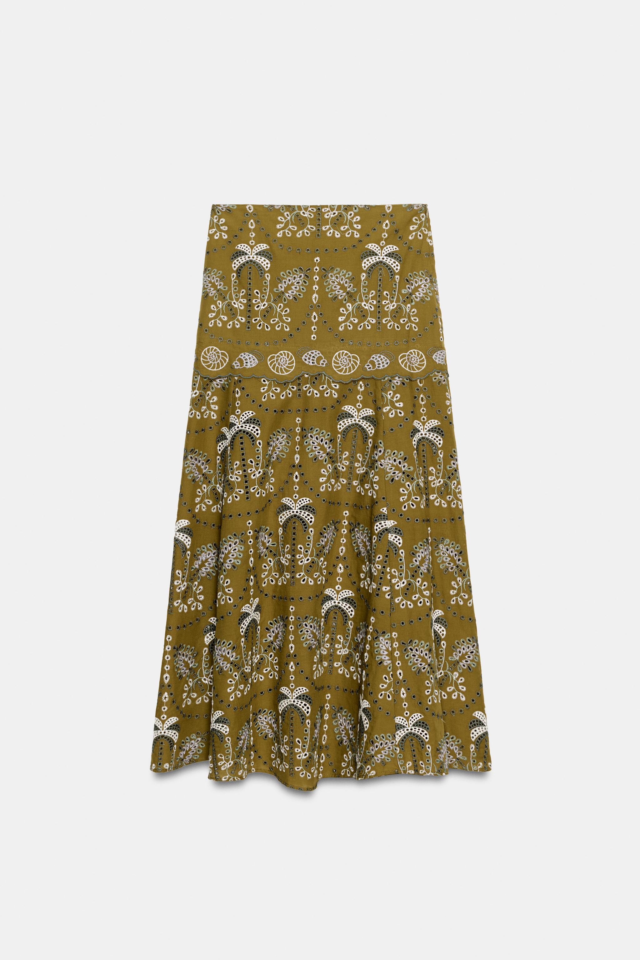 Женские юбки Zara EMBROIDERED EYELET MIDI SKIRT — фото 6