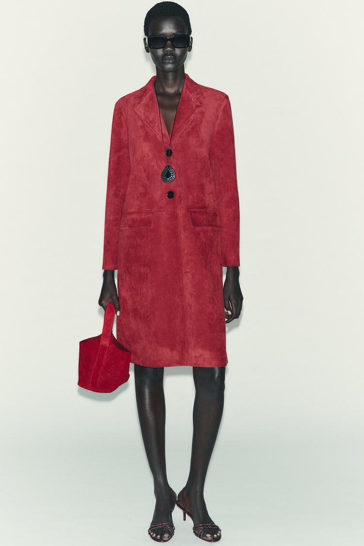 MANTEAU VESTE LONGUE EFFET DAIM Rouge foncé ZARA Belgique