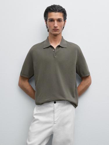 Zara 100% cotton textured knit polo shirt - BOTTLE GREEN