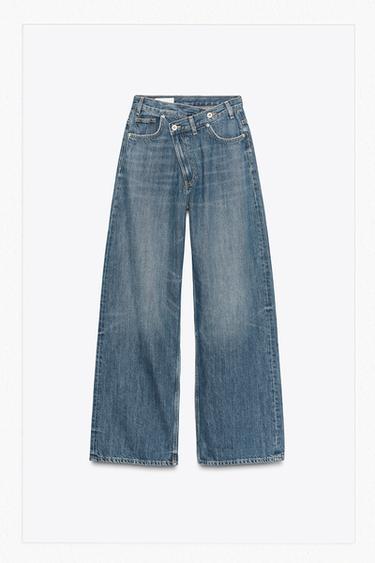 Zara TRF HIGH-WAIST CROSSOVER WAIST WIDE LEG JEANS - Blue / Gray