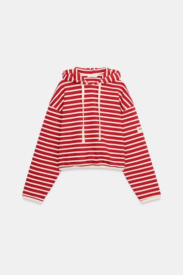 SUDADERA CROP ALGODÓN RAYAS - Blanco / Rojo de Zara