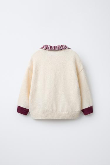 KNIT POLO SHIRT WITH RIBBED COLLAR - Ecru / Maroon by Zara - Image 1