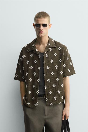 Zara TEXTURED JACQUARD SHIRT - Dark khaki