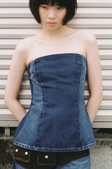 TRF デニムバンドゥトップネイビーブルーZaraのTRF デニムバンドゥトップ - ネイビーブルー
