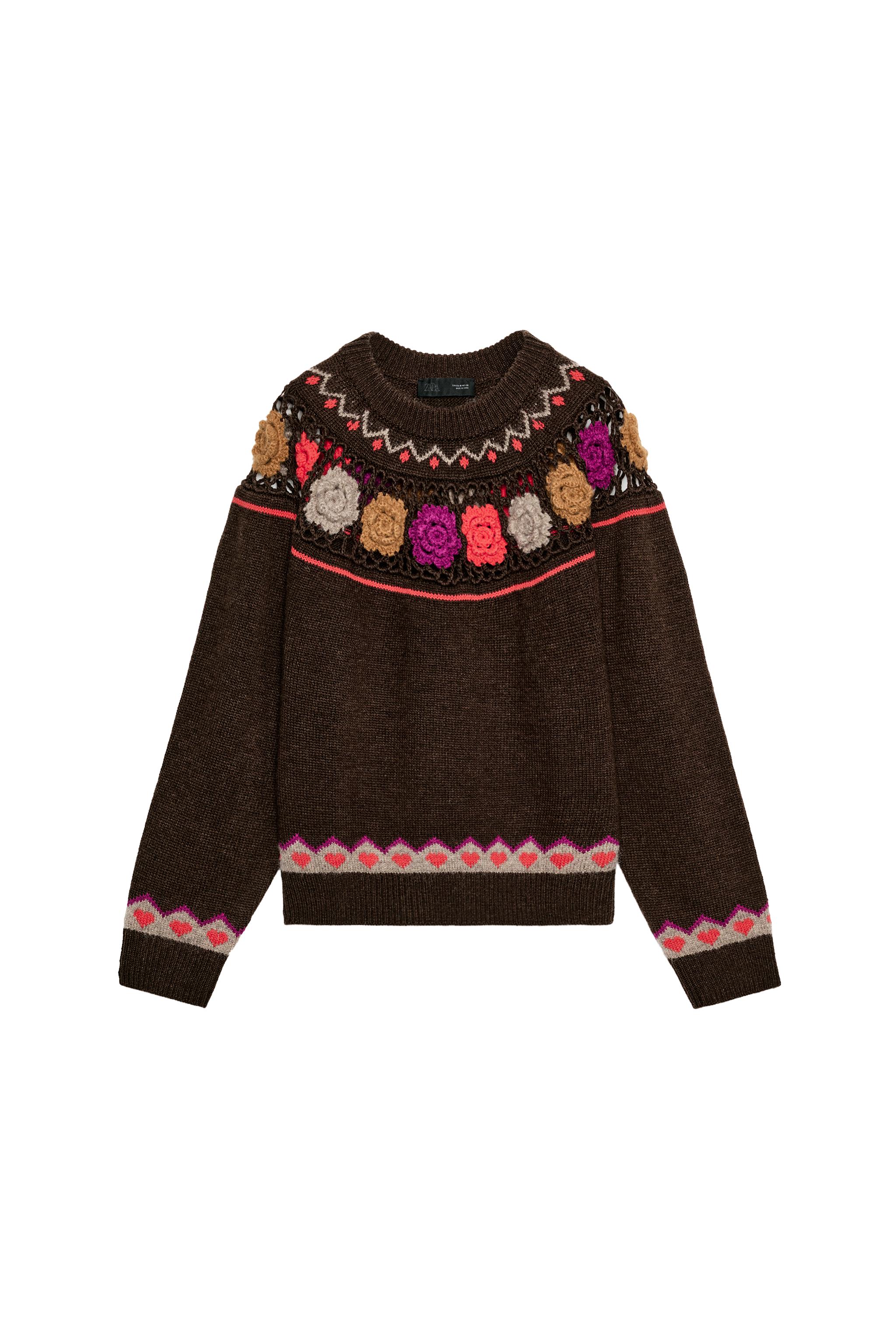 KNIT JUMPER WITH CROCHET FLOWERS - Brown | ZARA South Africa