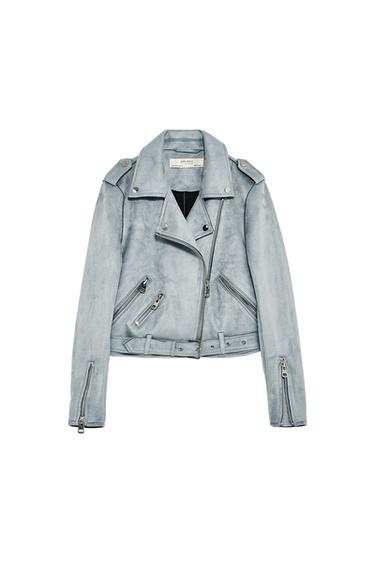 Front view of a grey jacket with zips and side pockets, button details on the lapels.