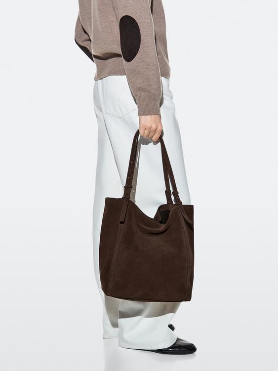Split suede leather tote bag