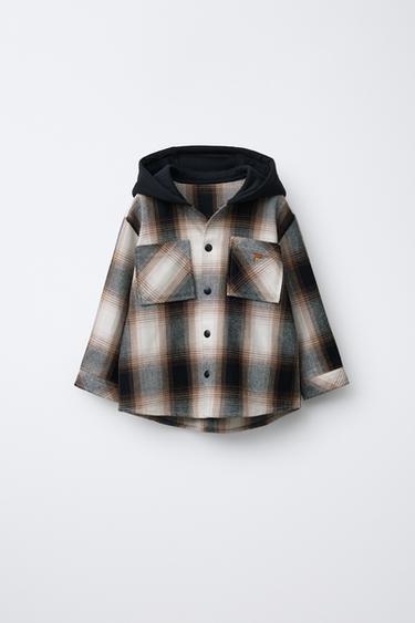 Zara 格紋連帽刷毛襯衫式外套 - 黑色 / 棕色
