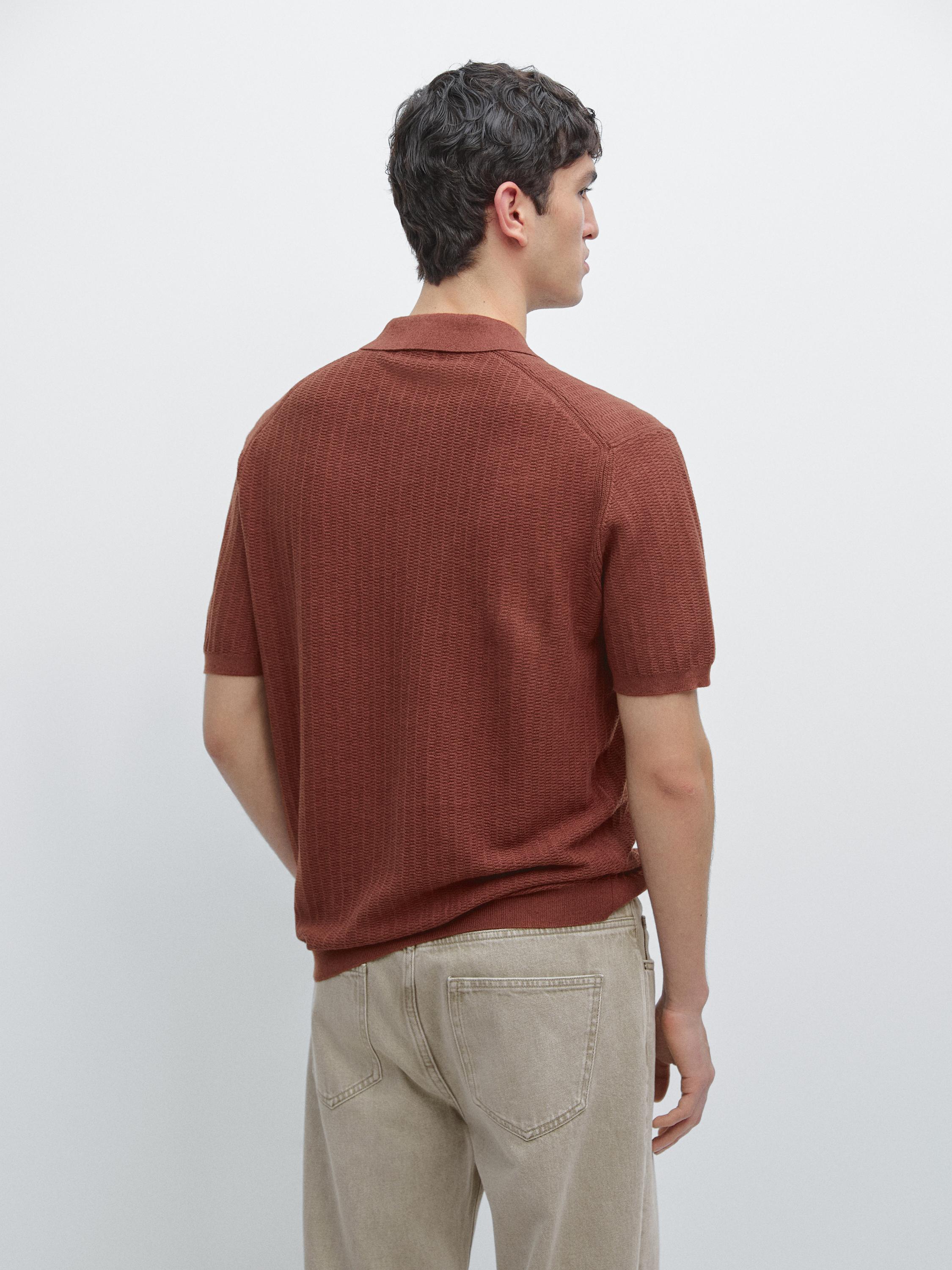 Short sleeve cotton and linen blend knit polo shirt