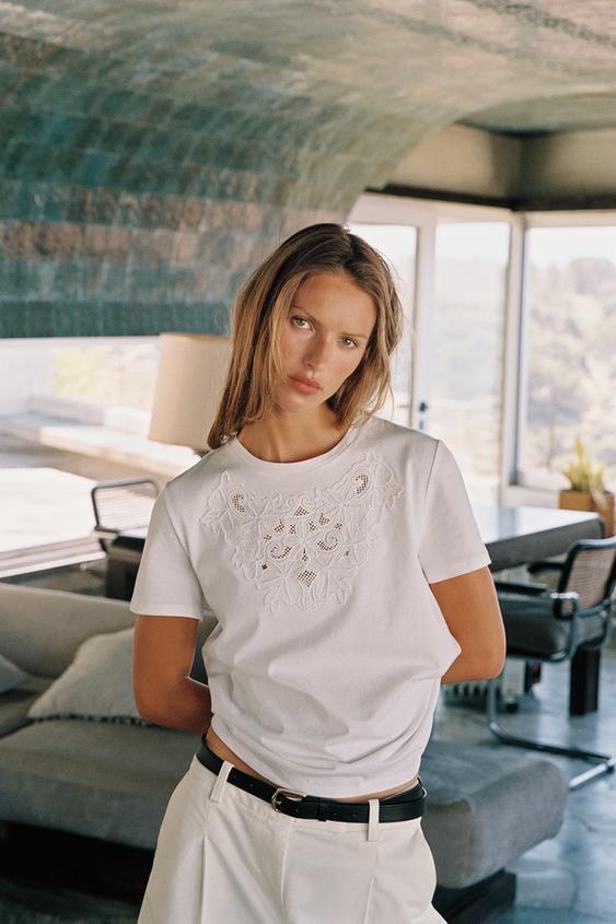 COTTON EMBROIDERED T-SHIRT - White by Zara - Image 0
