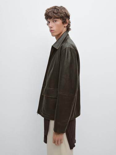 Zara Distressed effect short nappa leather jacket - Brown
