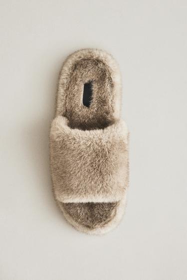 Zara FAUX FUR FLATFORM SLIPPERS - Sandy Brown