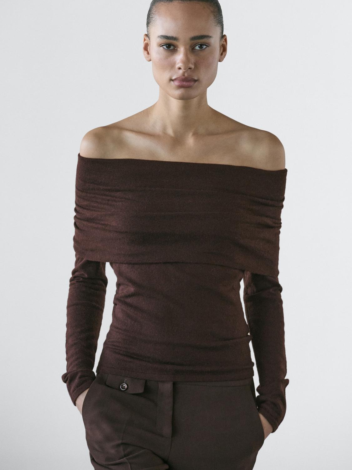 Knit wool blend off-the-shoulder sweater