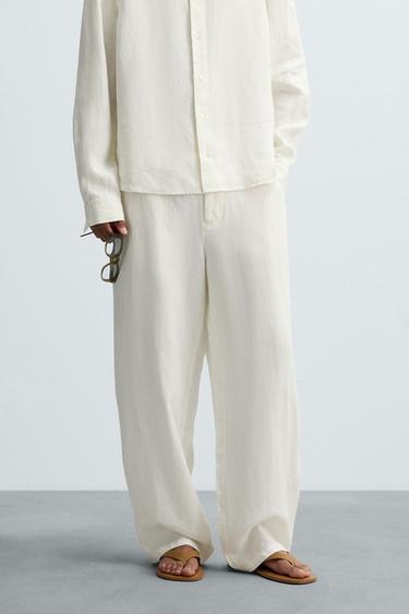 Zara RELAXED FIT 100% HEMP PANTS - Oyster-white
