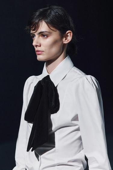 ZW COLLECTION VELVET BOW SHIRT - White by Zara