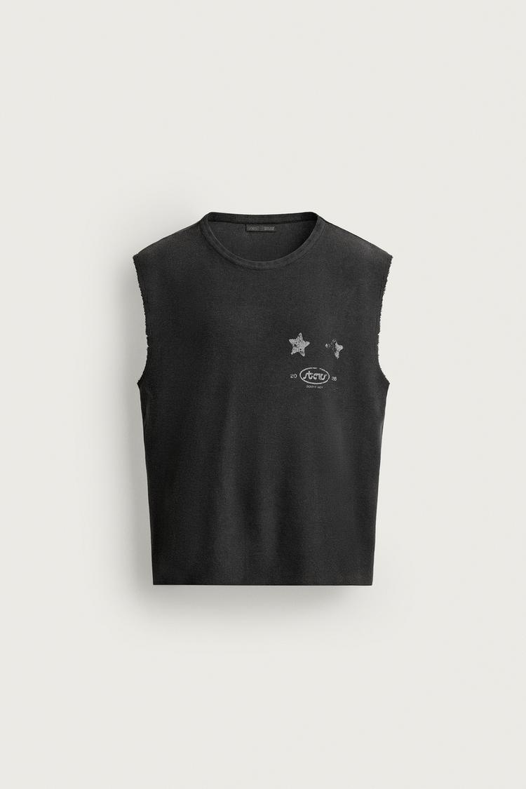 WASHED GRAPHIC KNIT TANK TOP — Faded black